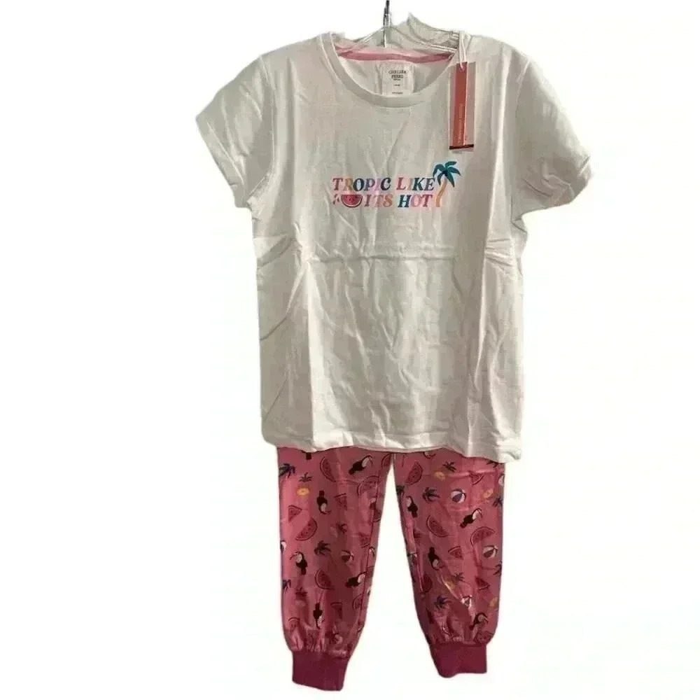 Chelsea Peers Women's XS Pajama Set‎ Tropic Like It's Hot in White and Pink